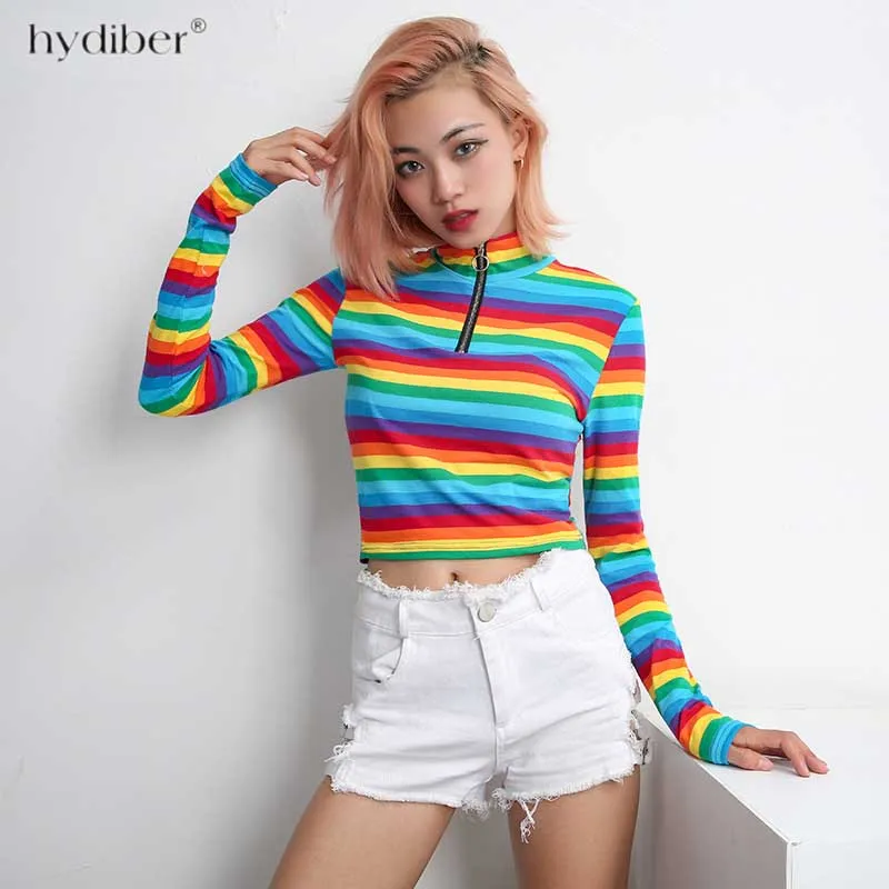 Waatfaak Striped Rainbow Colorful Tee Shirt Femme Long Sleeve Turtleneck Zipper Up Cropped T-shirt Fashion Funny Cotton Autumn
Waatfaak Striped Rainbow Colorful Tee Shirt Femme Long Sleeve Turtleneck Zipper Up Cropped T-shirt Fashion Funny Cotton Autumn