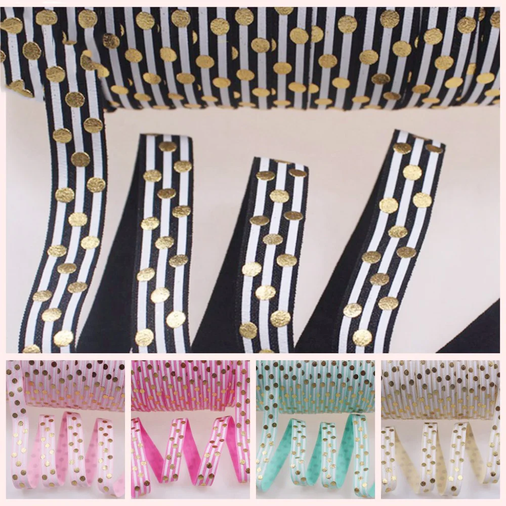 4 Colors 5/8" fold over elastic gold foil + white ink fold over elastic, white stripes and big gold dots FOE elastic 50yards/lot
4 Colors 5/8" fold over elastic gold foil + white ink fold over elastic, white stripes and big gold dots FOE elastic 50yards/lot