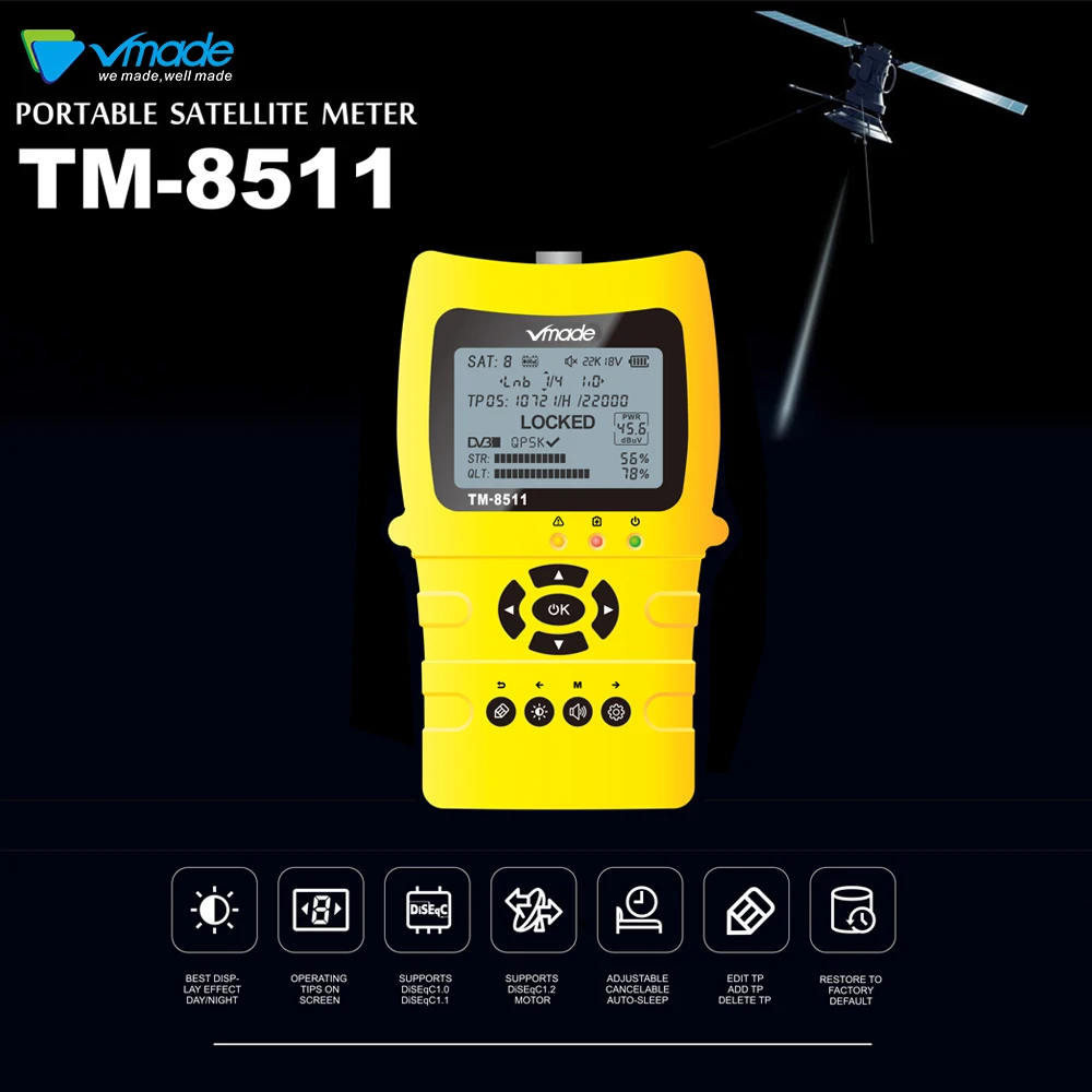 TM-8511 HD satfinder DVB-S2 High Definition Satellite Finder MPEG-4 DVB S2 Satellite Meter Full 1080P V8 lnb sat finder Meter
TM-8511 HD satfinder DVB-S2 High Definition Satellite Finder MPEG-4 DVB S2 Satellite Meter Full 1080P V8 lnb sat finder Meter
