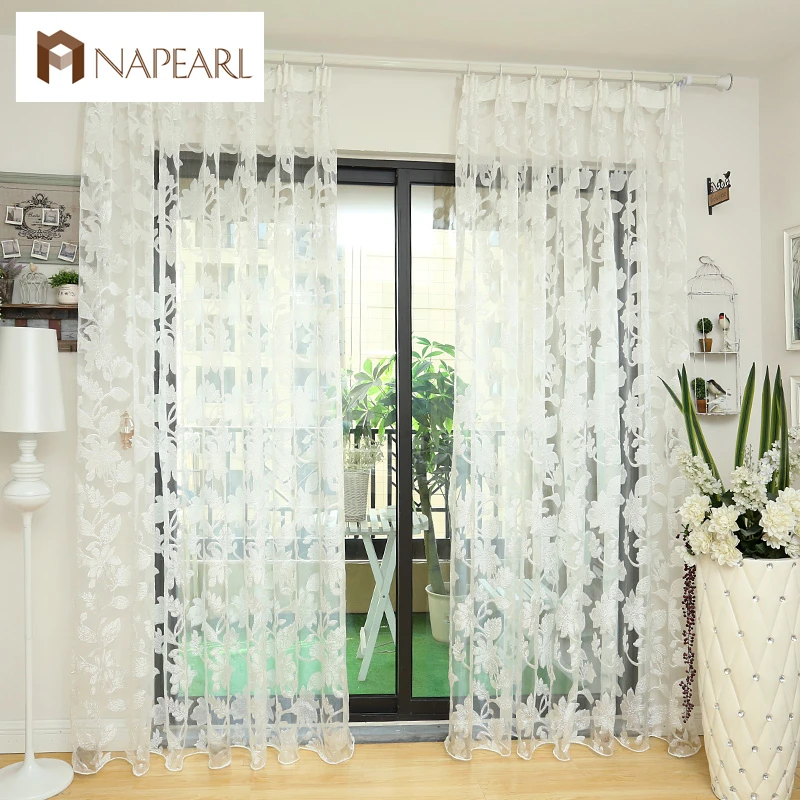 Image Tulle curtains floral design window treatments white fabrics ready made jacquard kitchen door curtains sheer panel transparent