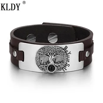 

KLDY Tree of Life Live Love Be Your Self Amulet Simulated Black Onyx Adjustable Brown Leather Bracelet Stainless Steel Jewelry