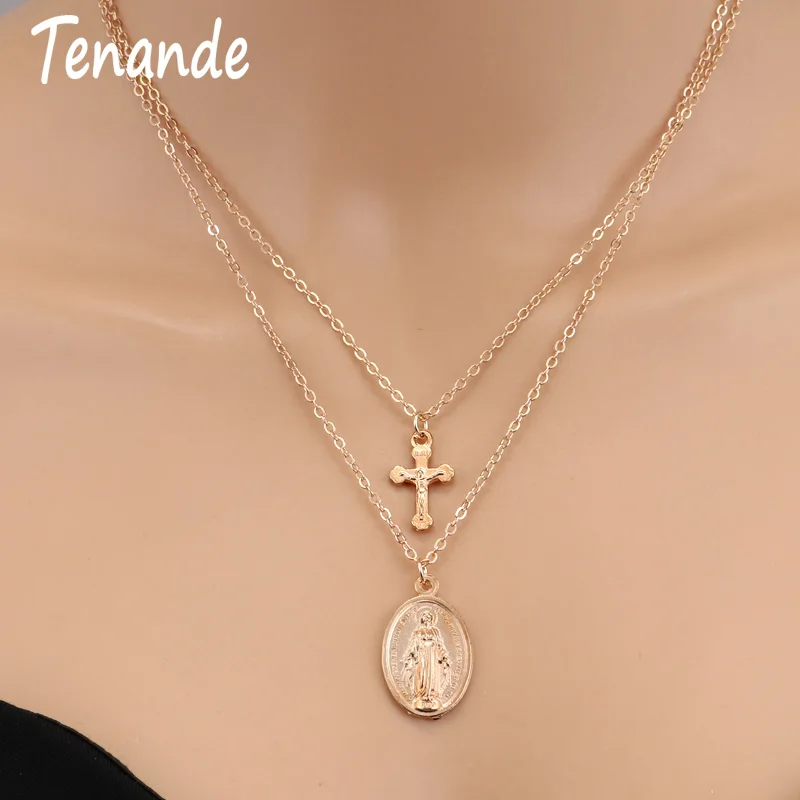 

Tenande Punk Gold Color Double Layer Statement Goddess Statue Coin Cross Necklaces & Pendants for Women Bijoux Colar Femme