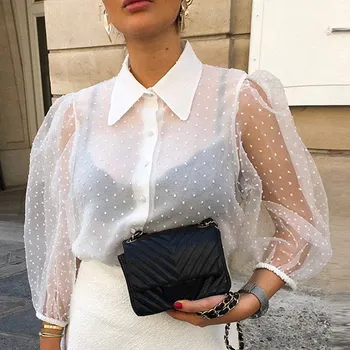 Beading Dot Mesh Transparent Women Shirt Three Quarter Puff Sleeve Solid Shirts Female 2020 Autumn Fashion Ladies Tops Clothes
Beading Dot Mesh Transparent Women Shirt Three Quarter Puff Sleeve Solid Shirts Female 2020 Autumn Fashion Ladies Tops Clothes