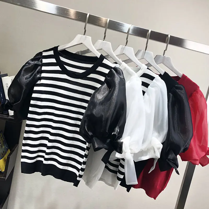 LUOSHA Women Summer Thin Knitted Short Sleeved Striped Organza Lantern Sleeve Bow Tops And Tshirt Women Fahion Summer Tops
LUOSHA Women Summer Thin Knitted Short Sleeved Striped Organza Lantern Sleeve Bow Tops And Tshirt Women Fahion Summer Tops