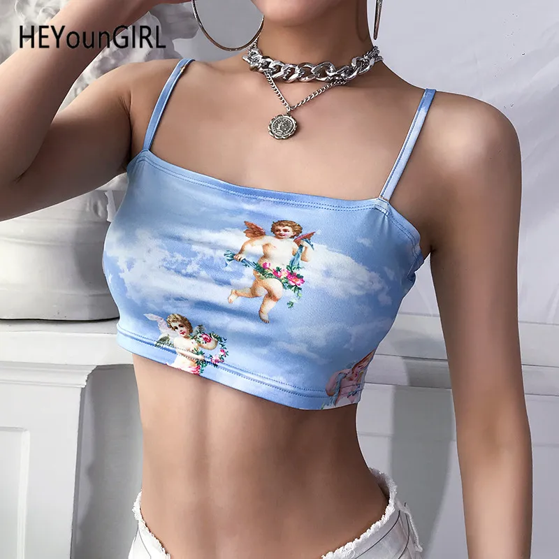 

HEYounGIRL Angel Print Sexy Spaghetti Strap Crop Top Women Backless Cami Tops Tees Sleeveless Cropped Woman Camisole Summer 2019