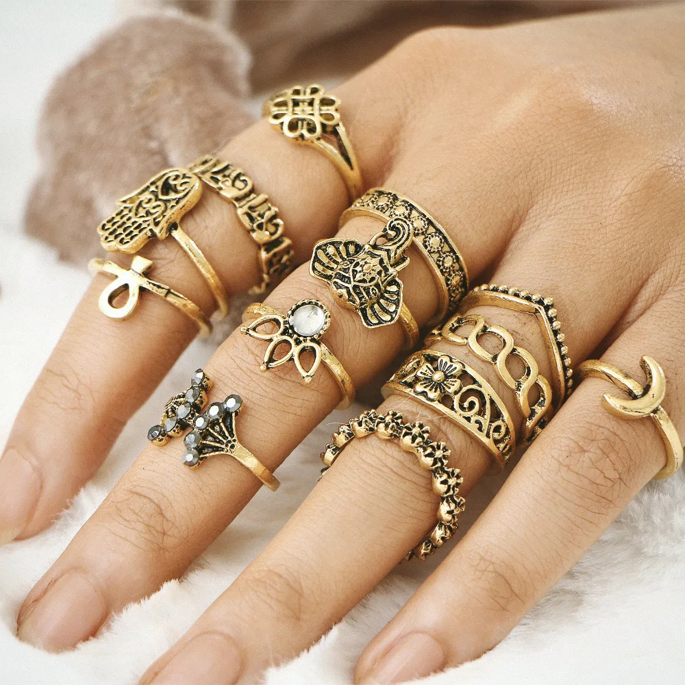 13 pcs/Set Midi Rings Set Antique Gold Silver Color Knuckle Finger Ring Crystal Hollow Flower Elephant Fatima Hand Moon Jewelry
13 pcs/Set Midi Rings Set Antique Gold Silver Color Knuckle Finger Ring Crystal Hollow Flower Elephant Fatima Hand Moon Jewelry