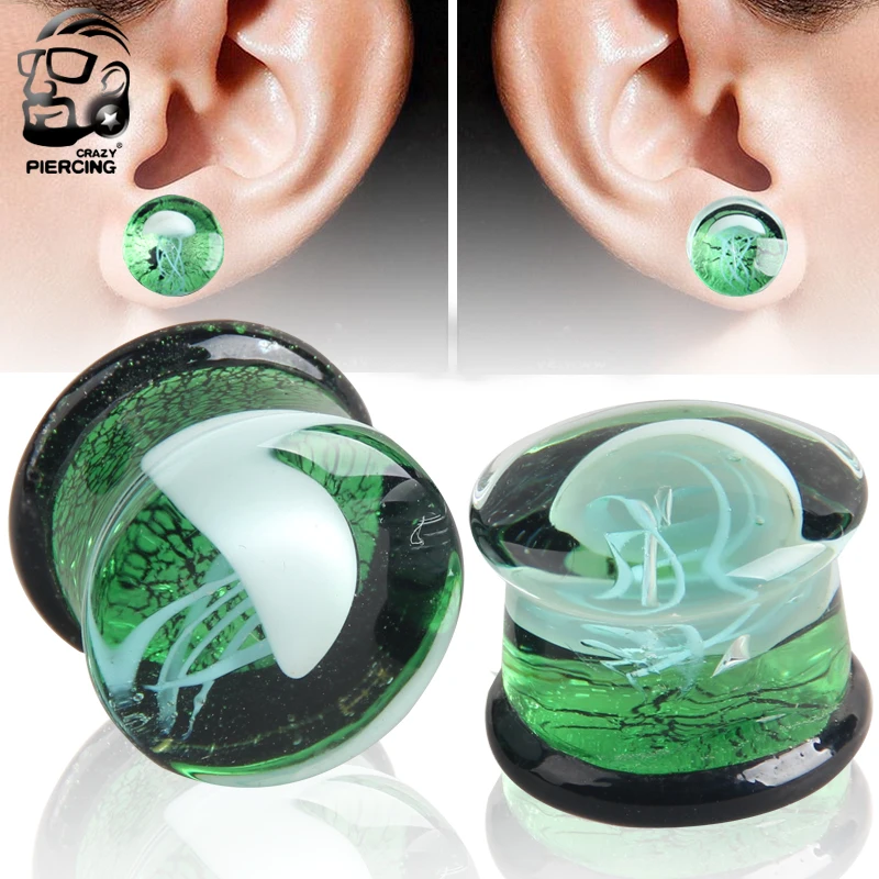 Glass Plugs and Tunnels 8mm-16mm Green Translucent Earring Gauges White Jellyfish Logo Ear Stretcher Body Piercing Jewelry
Glass Plugs and Tunnels 8mm-16mm Green Translucent Earring Gauges White Jellyfish Logo Ear Stretcher Body Piercing Jewelry