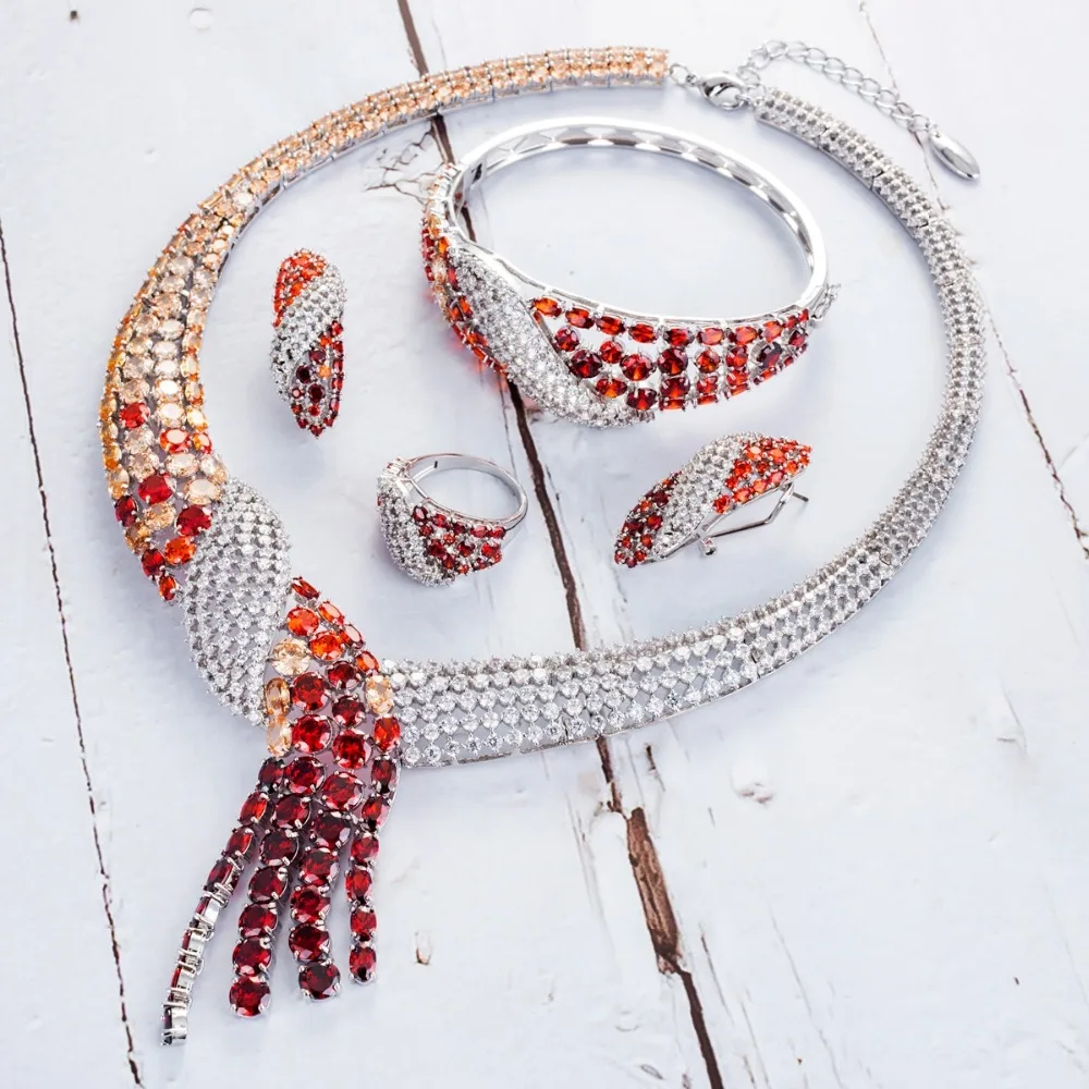 Viennois Red & Silver Color Necklace Set For Women Cubic Zirconia Dangle Earrings Size 7 Ring Bracelet Set Wedding Jewelry Set
Viennois Red & Silver Color Necklace Set For Women Cubic Zirconia Dangle Earrings Size 7 Ring Bracelet Set Wedding Jewelry Set
