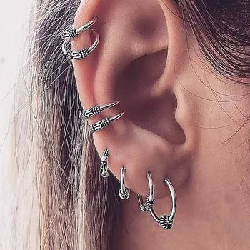 Crazy Feng Vintage Earring Sets For Women Punk Jewelry Vintage Silver Color Carved Geometric Pattern Round Earrings Clip 8PCS