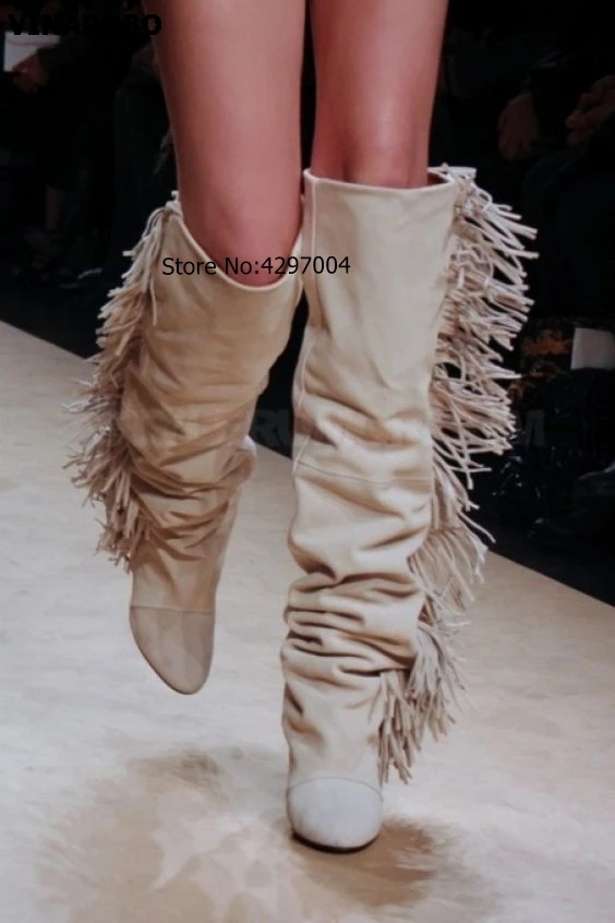 12018-New-Boots-Knee-High-Suede-Fringe-Boots-Black-White-Gray-Platform-Wedged-Tall-Boots-New