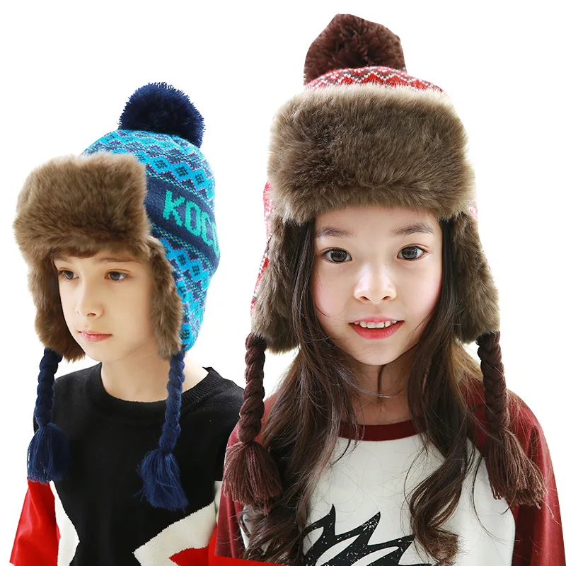 Фото Kids Winter Warm Hat Ear Protection Cap Students Earflap Fur Hats Girls Beanie Ski Raccoon Hair Ball Caps B-8768 | Аксессуары для