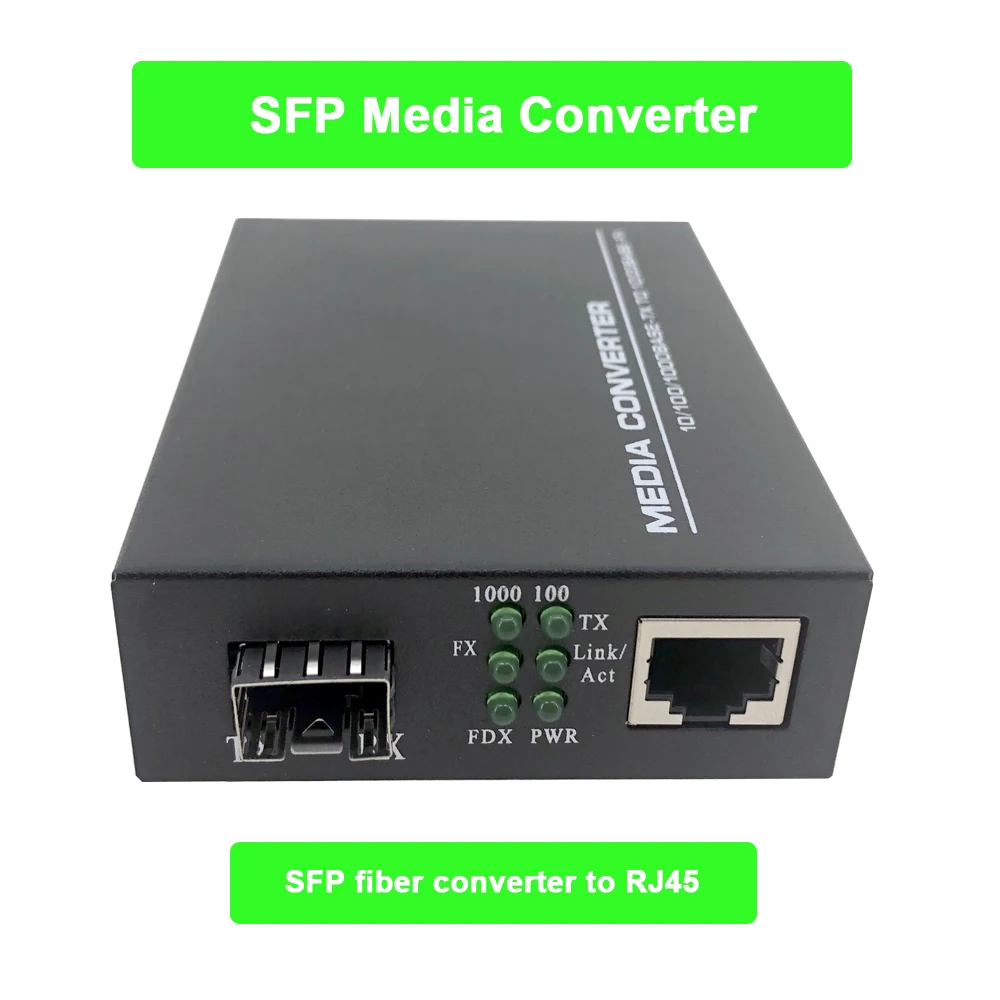 SFP Fiber media Converter to RJ45 Gigabit Media Converter SFP 10/100/1000M Ethernet Converter Transceiver fiber optical switch
SFP Fiber media Converter to RJ45 Gigabit Media Converter SFP 10/100/1000M Ethernet Converter Transceiver fiber optical switch