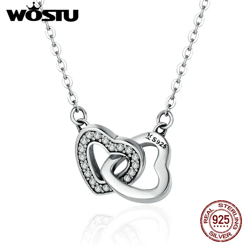 WOSTU 925 пробы Серебряное Соединенное сердце пара кулон ожерелье для девушки