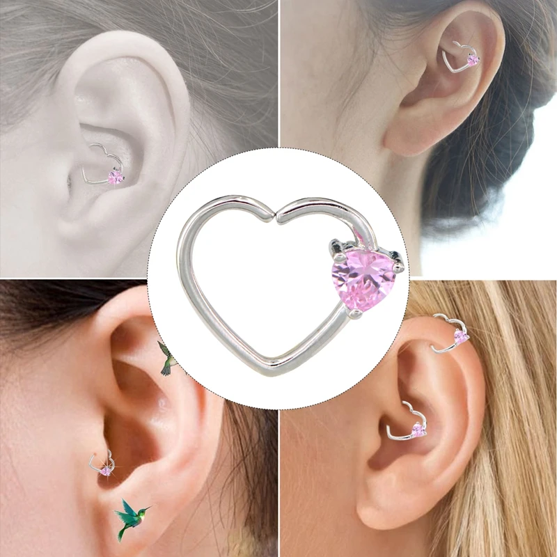  BODY PUNK Jewelry Heart CZ Left Closure Daith Cartilage 16 Gauge Heart Tragus Earrings 5 Colors Micro Circular Barbell Nose  (2)