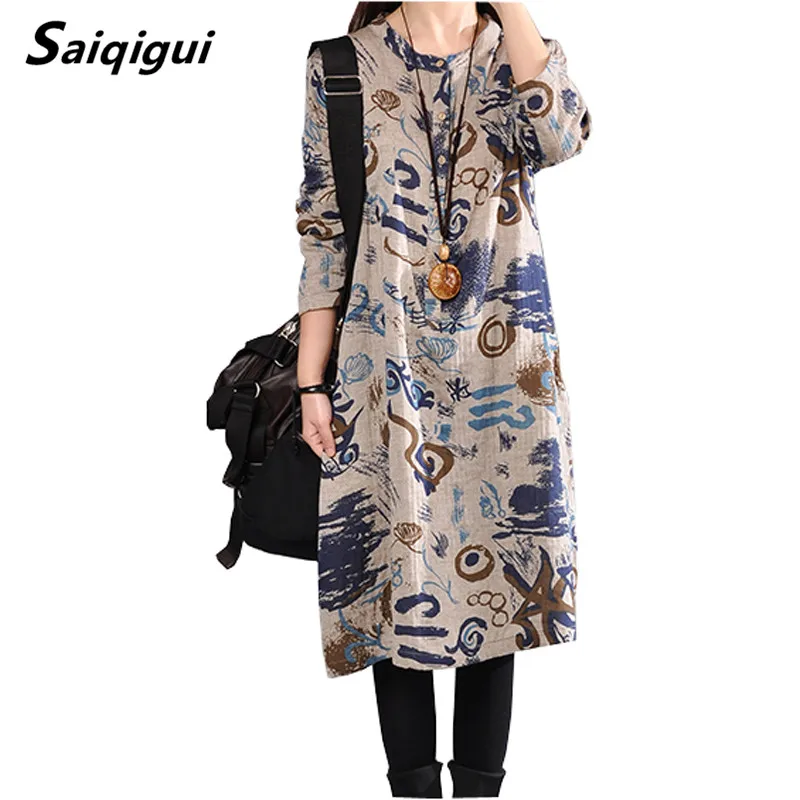 Saiqigui Autumn dress long sleeve women dress casual loose Print cotton Linen dress o-neck vestidos de festa plus size
Saiqigui Autumn dress long sleeve women dress casual loose Print cotton Linen dress o-neck vestidos de festa plus size