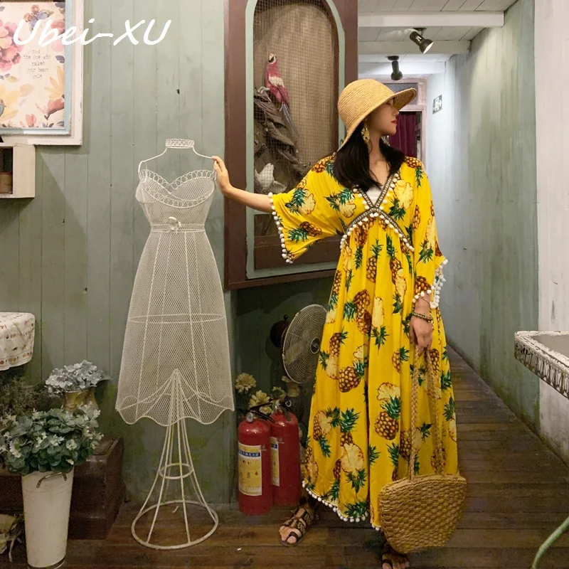 Ubei New bat half-sleeve high waist loose dress seaside pineapple print long dress large size bohemian yellow/white dress
Ubei New bat half-sleeve high waist loose dress seaside pineapple print long dress large size bohemian yellow/white dress