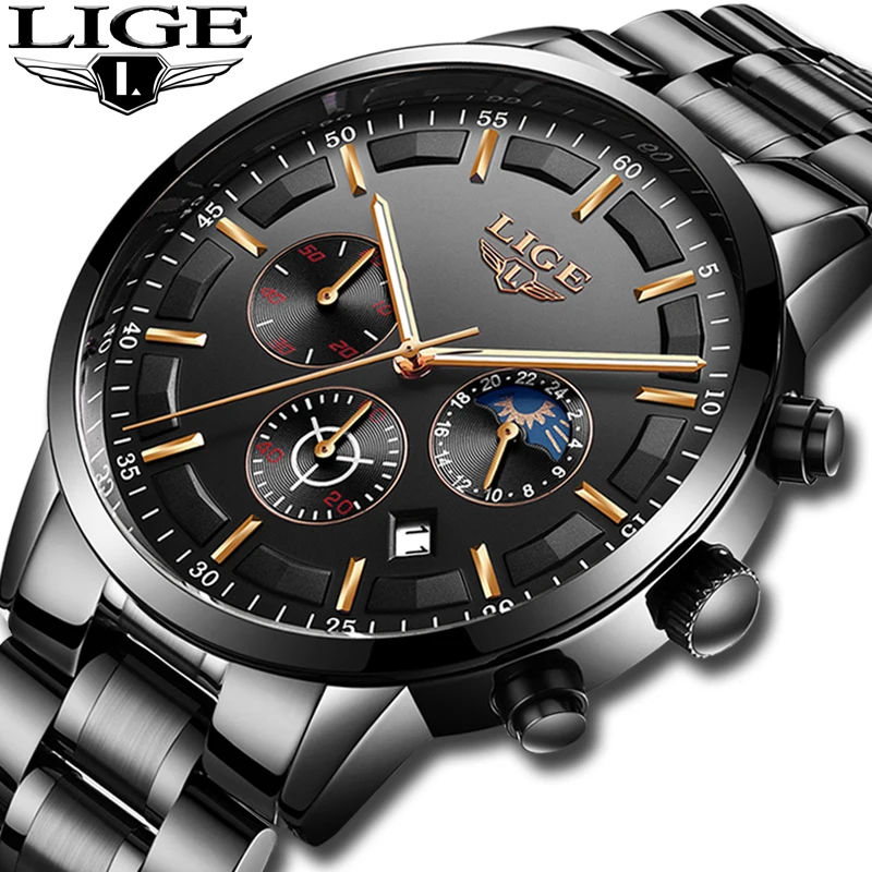 

LIGE Fashion Watch Men Quartz Clock Mens Watches Top Brand Luxury Business Waterproof Moon Phase Black Watch Relogio Masculino