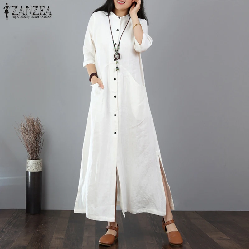 Womens Short Sleeve Tunic Top T-Shirt Swing Dress Maxi Dress Cotton Linen Button Down Split Maxi Long Dresses