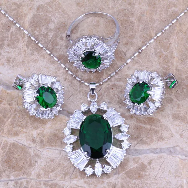 Green Cubic Zirconia White CZ Silver Jewelry Sets Earrings Pendant Ring For Women Size 6 / 7 / 8 / 9 / 10 S0030
Green Cubic Zirconia White CZ Silver Jewelry Sets Earrings Pendant Ring For Women Size 6 / 7 / 8 / 9 / 10 S0030