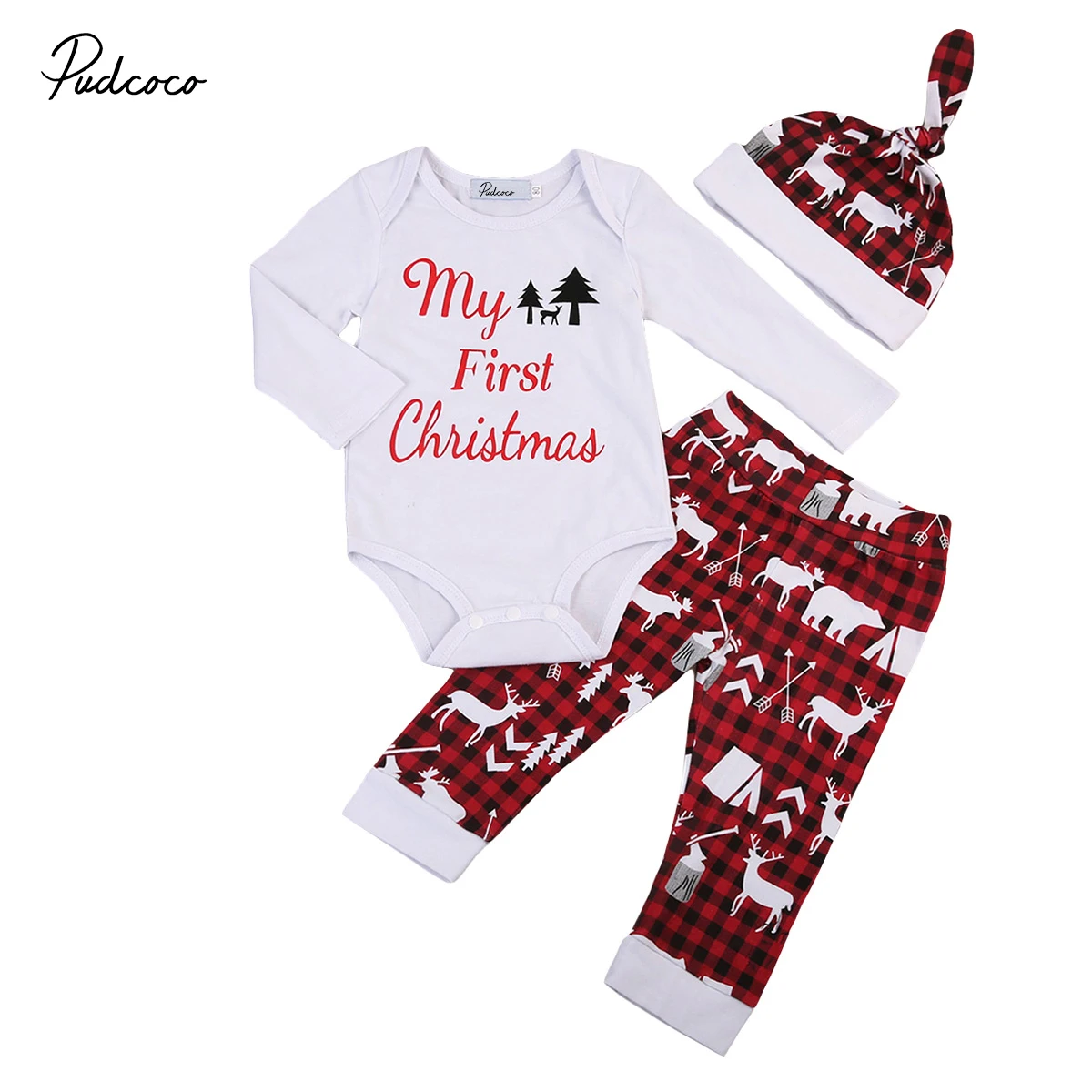 3pcs Xmas set Newborn Baby Girls Boys My First Christmas long sleeve Tops Romper+Deer Long Pants Hat Outfits | Мать и ребенок