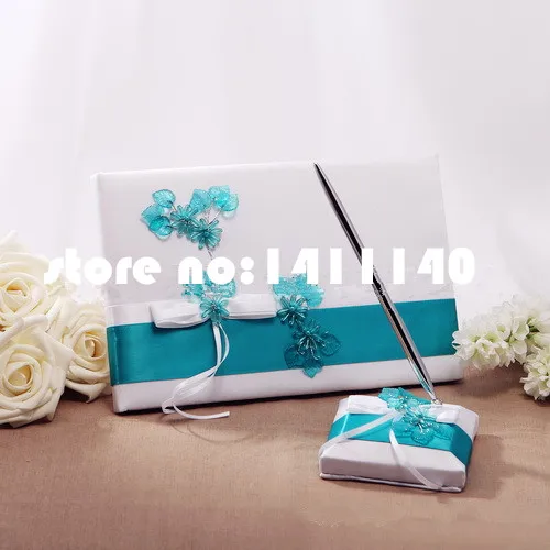Aliexpress Teal Scroll Wedding Guest Book And Pen Set In Teal Scroll Wedding Guest Book And Pen Set In White Satin Blue Flower Decor Accessory