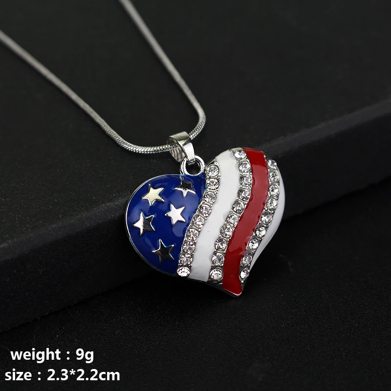 USA Labor Day American Flag Enamel Blue & Red Crystal Rhinestone Heart Necklaces