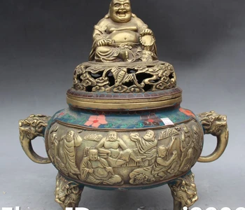 13" Old Cloisonne Enamel Gilt Maitreya Buddha Arhat Luohan Incense Burner Censer
13" Old Cloisonne Enamel Gilt Maitreya Buddha Arhat Luohan Incense Burner Censer