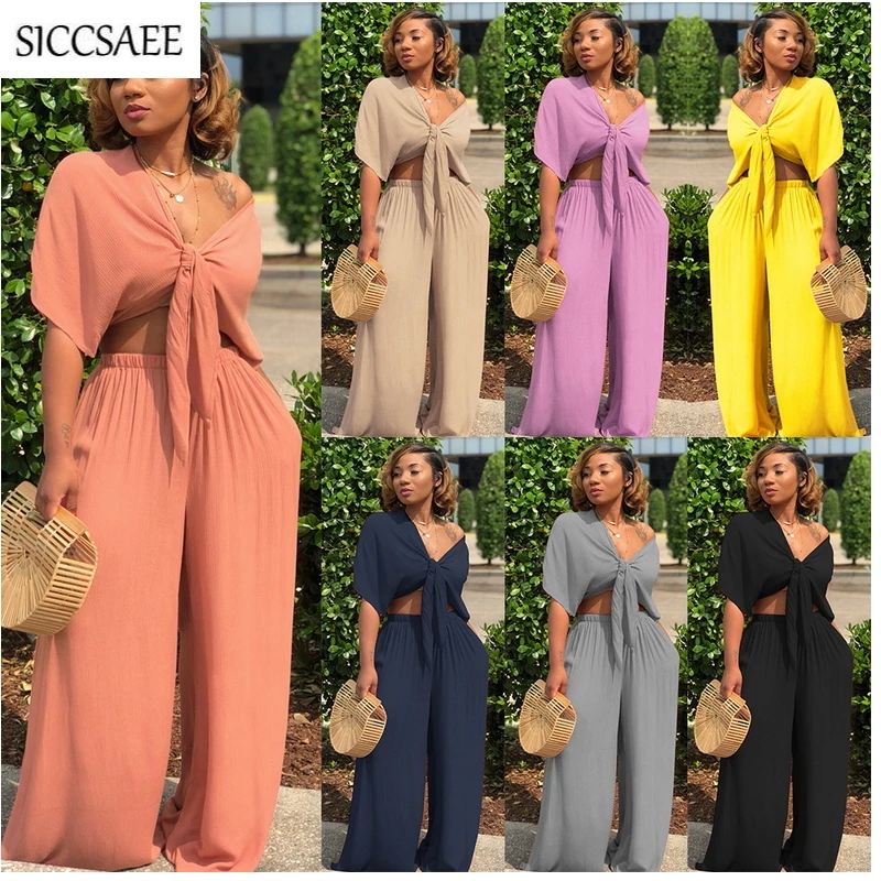 Womens Casual Solid 2 Piece Outfits Long Sleeve Turtleneck Crop Top High Waist Palazzo Long Pants Suit Plus Size