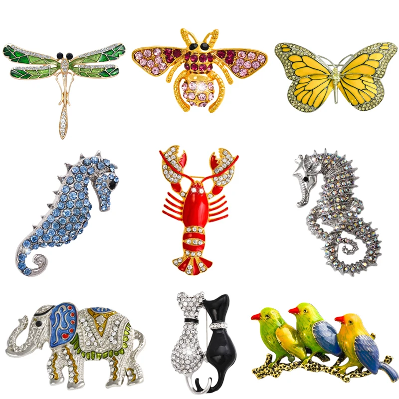 

Retro Insect Dragonfly Butterfly Broach Bee Brooch Women Crystal Animal Elephant Cat Birds Sea Horse Broches Mujer Men Brosche