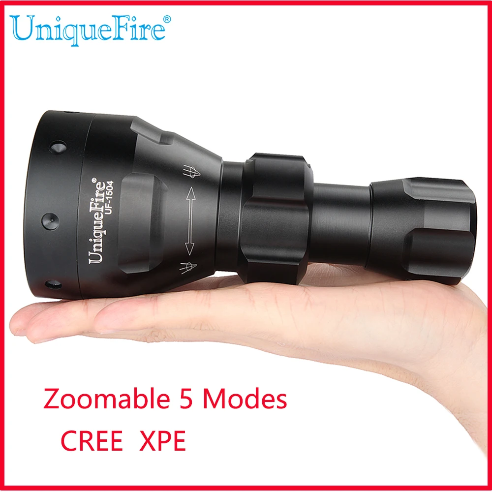 

UniqueFire UF-1504 XPE 3W LED Flashlight Torch Adjustable Focus 67mm Lens Zoom 5 Mode Light Lamp Black Color