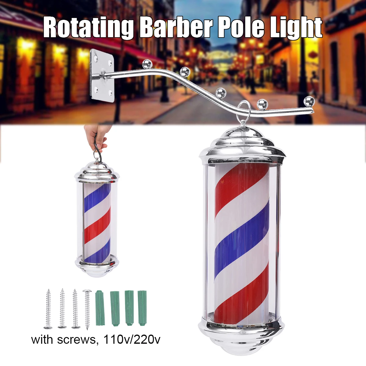 1Pc 35*15*15cm Metal Barber Shop Light Red White Blue Stripes Rotating LED Light Hairdressing Salon Outdoor Sign With 1.5m Cord
1Pc 35*15*15cm Metal Barber Shop Light Red White Blue Stripes Rotating LED Light Hairdressing Salon Outdoor Sign With 1.5m Cord