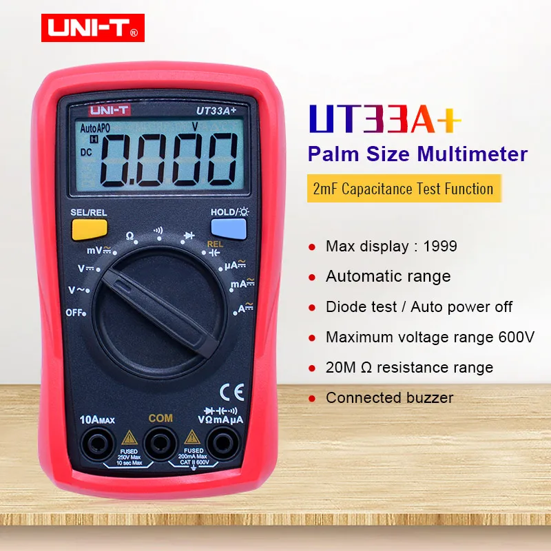 Digital Multimeter UNI-T UT33A+ Palm size AC DC voltmeter Ammeter Resistance Capacitance meter Diode test/Continuity buzzer
Digital Multimeter UNI-T UT33A+ Palm size AC DC voltmeter Ammeter Resistance Capacitance meter Diode test/Continuity buzzer