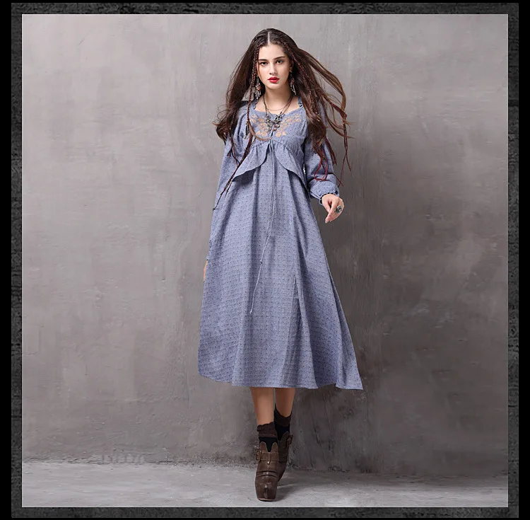 

KYQIAO Designer ethnic dress 2019 women autumn spring Spain style bohemian brand long sleeve blue embroidery dress vestidos
