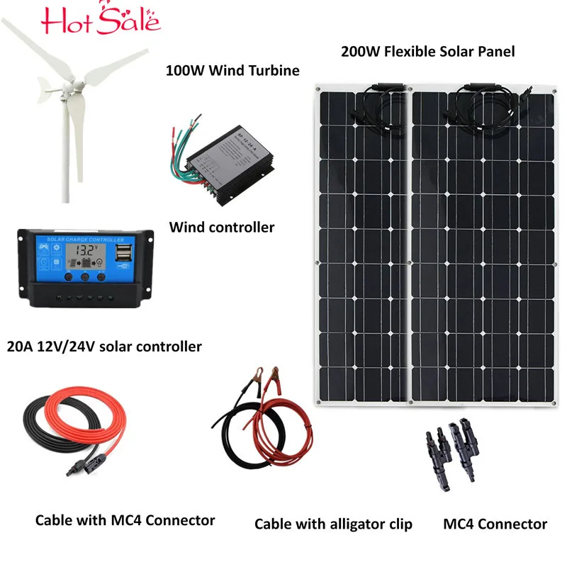 300 Hybrid System: 100W Wind Turbine Generator+2pcs 100w flexible Solar Panel+wind Controller+20A Solar controller+Accessories
300 Hybrid System: 100W Wind Turbine Generator+2pcs 100w flexible Solar Panel+wind Controller+20A Solar controller+Accessories