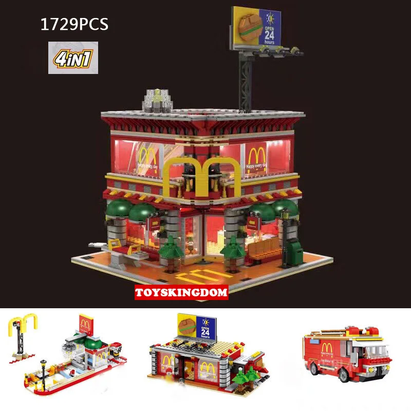 Hot city street view Ronald McDonalds Restaurant 4IN1 Wheels on Meals figures building block with light figures toys collection
Hot city street view Ronald McDonalds Restaurant 4IN1 Wheels on Meals figures building block with light figures toys collection