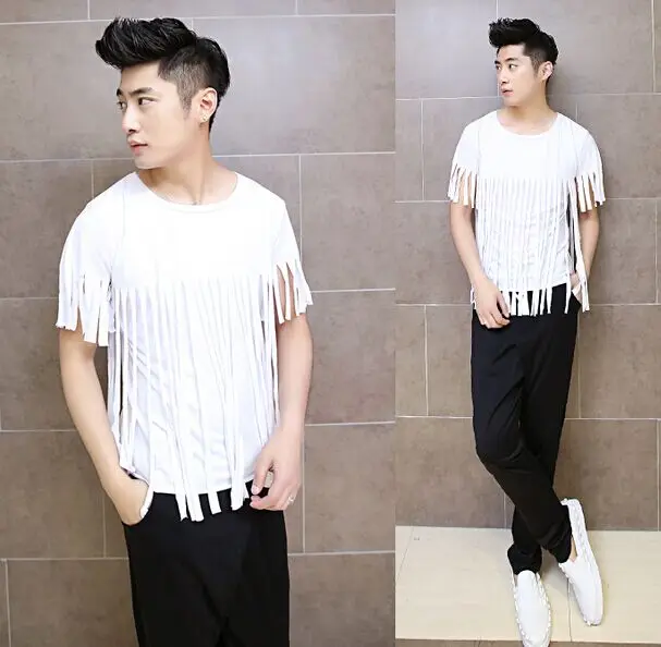 Metrosexual show Men's clothing Male costume tassel short-sleeve T-shirt slim fashion personalized Tops Black,White
Metrosexual show Men's clothing Male costume tassel short-sleeve T-shirt slim fashion personalized Tops Black,White