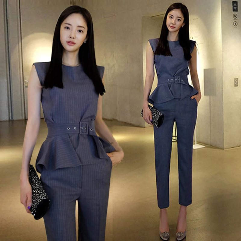 Formal Summer Women 2 Piece Set 2018 Summer Women's Striped Suits Sleeveless Flod Belt Shirt Blouse + Slim Pencil pants Suit
Formal Summer Women 2 Piece Set 2018 Summer Women's Striped Suits Sleeveless Flod Belt Shirt Blouse + Slim Pencil pants Suit