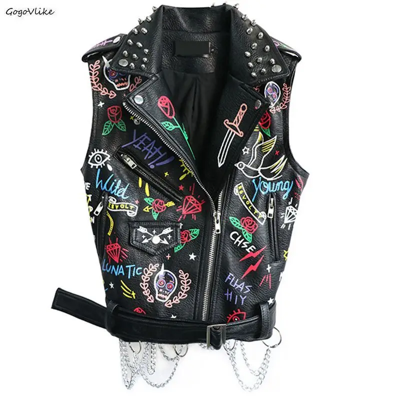 

Punk PU Leather Vest 2018 New women Sleeveless Coat Slim Graffiti Chains Badges Vests Rock Rivet Street Vests Outwear LT476S50
