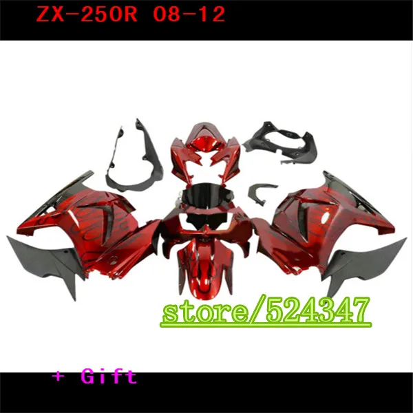 

Injection Barato motor kit For Kawasaki Ninja 250R 2008 2011 2012 08 09 10 12 ZX 250R llama negro en rojo carenado de la