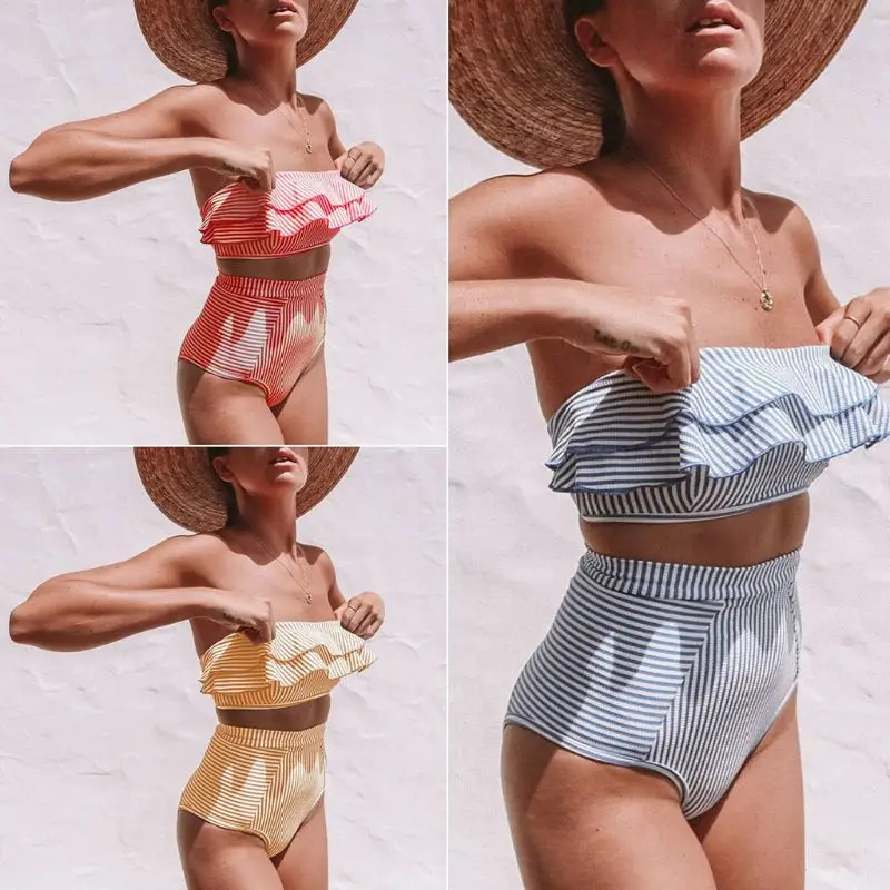 Womens Sexy Two Piece Bikini Set Strapless Ruffled Bandeau Tube Top High Waist Thong Swimsuit Vintage Striped Print Bathing Suit
Womens Sexy Two Piece Bikini Set Strapless Ruffled Bandeau Tube Top High Waist Thong Swimsuit Vintage Striped Print Bathing Suit