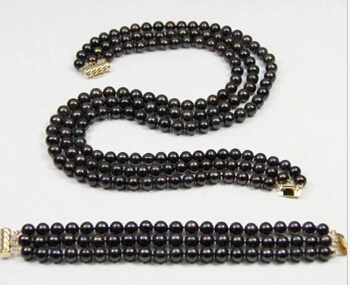 xiuli 00634 3 ROW 8-9mm AAA Black tahitian Pearl Necklace Bracelet Set 14KGP