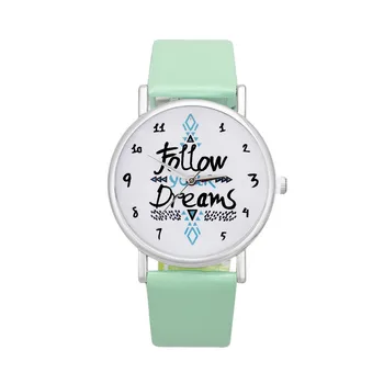 

Women Follow Dreams Words Pattern Leather Watch Luxury elegant sale Mint Green girls bracelet stainless steel quartz clock A70