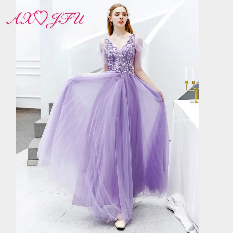 AXJFU princess purple lace evening dress vintage party v neck ruffles illusion beach beading crystal violet evening dress 2698
AXJFU princess purple lace evening dress vintage party v neck ruffles illusion beach beading crystal violet evening dress 2698