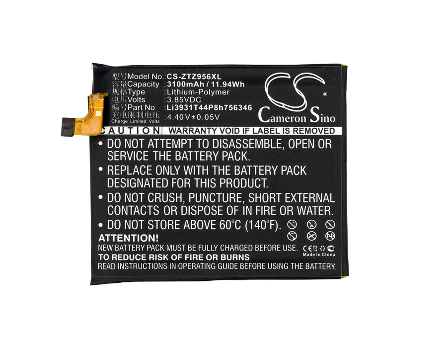Cameron Sino 3100mAh Battery Li3931T44P8h756346 for ZTE A2017U, A2017U Dual SIM LTE-A, Axon 7, Grand X4, Z956
Cameron Sino 3100mAh Battery Li3931T44P8h756346 for ZTE A2017U, A2017U Dual SIM LTE-A, Axon 7, Grand X4, Z956