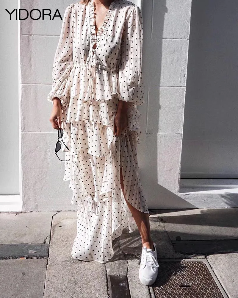 Fall/Winter Stylish Women V Neck Lantern Sleeve Polka Dot Golden Striped Tiered Maxi Dress With Ruffle Neckline & Waist Tie Belt
Fall/Winter Stylish Women V Neck Lantern Sleeve Polka Dot Golden Striped Tiered Maxi Dress With Ruffle Neckline & Waist Tie Belt