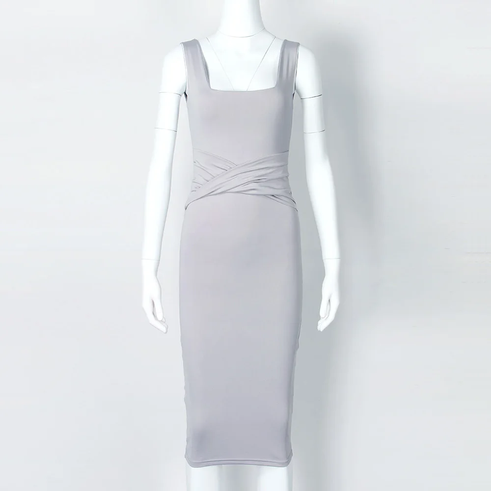 light grey Sleeveless O Neck Midi Bodycon Dress