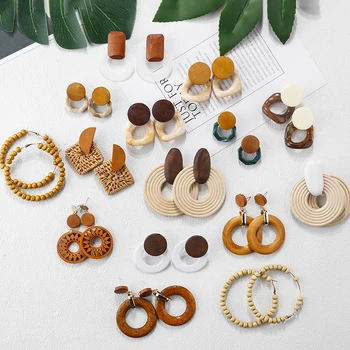 

AENSOA Unique Trendy 11 Style Wood Drop Earrings For Women Statement Bohemia Geometric Earrings Fashion Jewelry Wholesale Summer