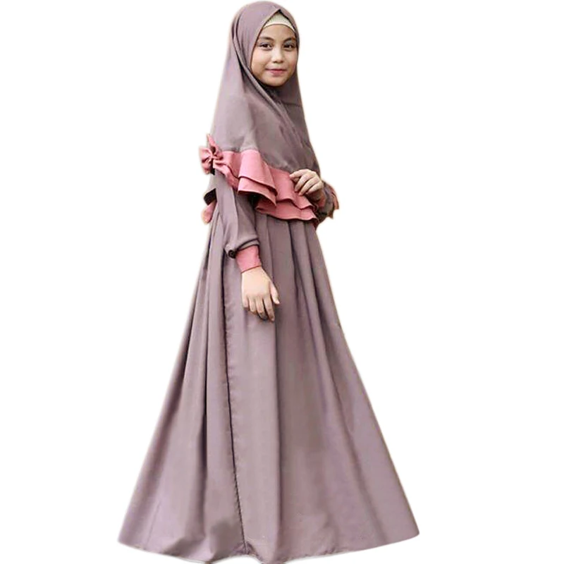 Kids Long dress Muslim Hijab Islamic Abaya Kaftan+Bown Arab maxi dress For 3pcs