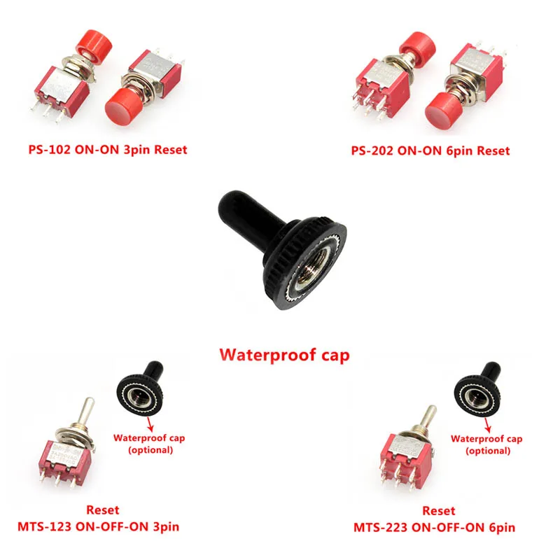 6A 120VAC 2 Position ON ON PS-102 202 Reset switch 3 Position ON OFF ON MTS-123 223 Toggle Switch
6A 120VAC 2 Position ON ON PS-102 202 Reset switch 3 Position ON OFF ON MTS-123 223 Toggle Switch