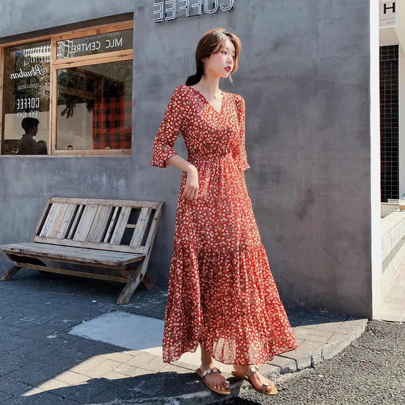 2019 Summer and autumn Chiffon Dress Women Elegant Dress Vintage Floral Print Long Robe Casual Ladies holiday Dress
2019 Summer and autumn Chiffon Dress Women Elegant Dress Vintage Floral Print Long Robe Casual Ladies holiday Dress